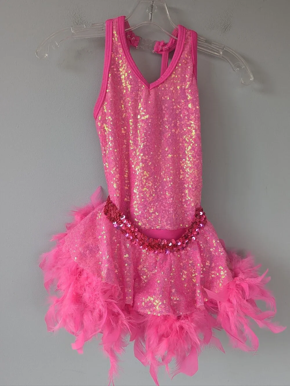 A Wish Come True Girls Hot Pink Sequin & Feathers Two Piece Skirt Dance Costume